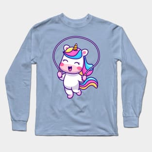 Cute Unicorn Playing Jump Rope Cartoon Long Sleeve T-Shirt